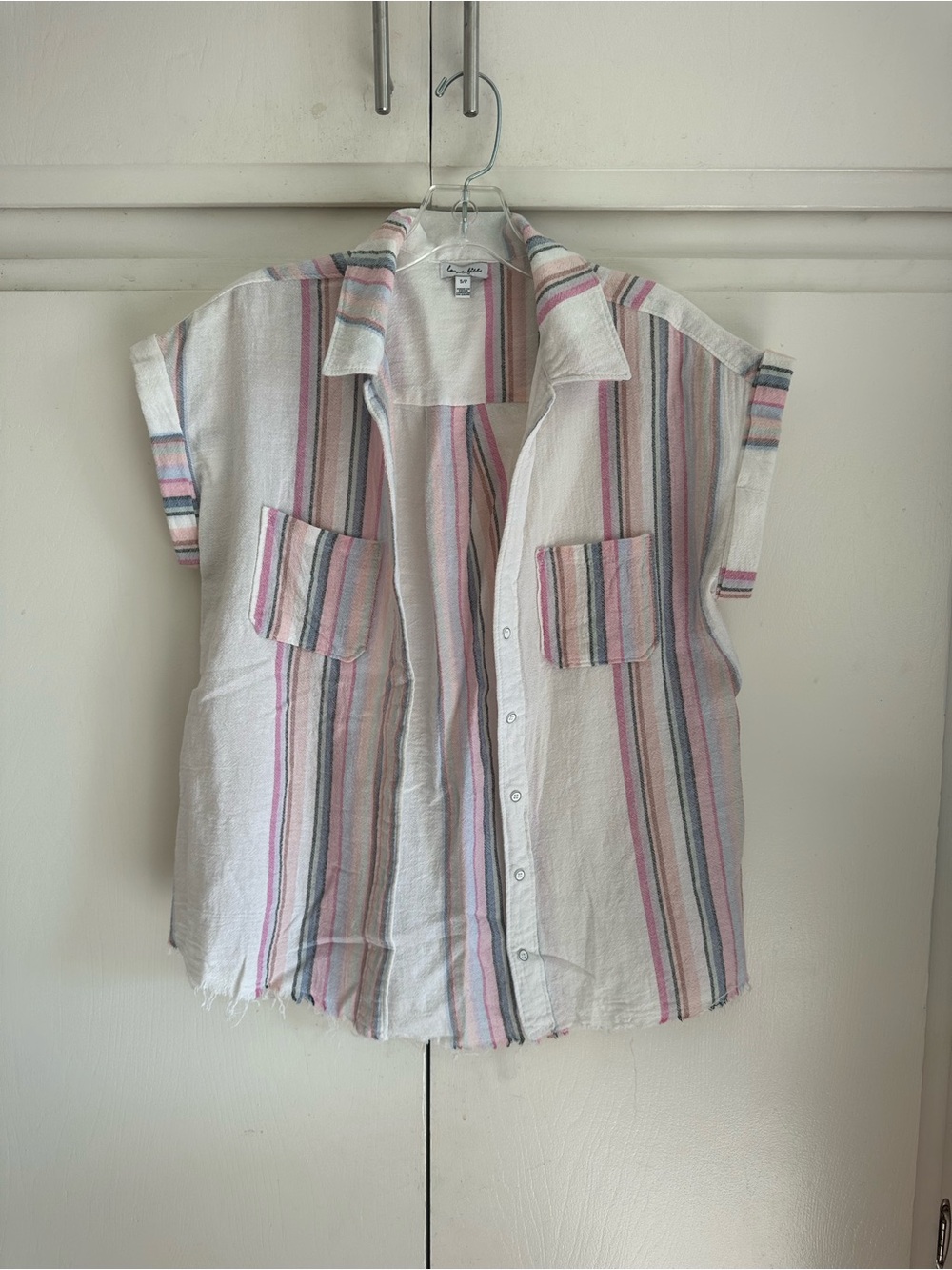 love, Fire Striped Button-Front Short Sleeve Shirt - Pink, Blue, Gray on White